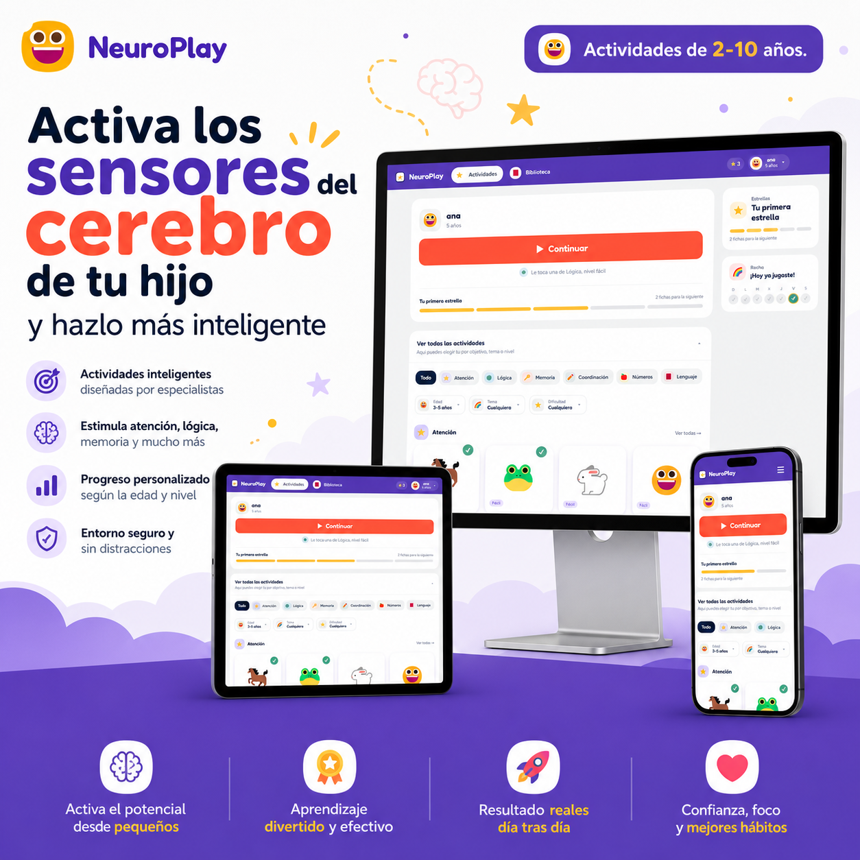 NeuroPlay en computadora, tablet y celular con actividades de atención, lógica y memoria